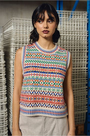 Molly Bracken Knit Vest Tybetan Pattern Off-white