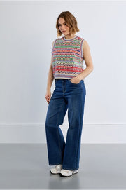 Molly Bracken Knit Vest Tybetan Pattern Off-white