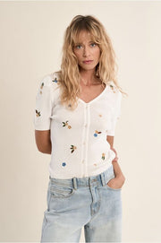 Molly Bracken Knit Top With Embroidery Flowers Off-white