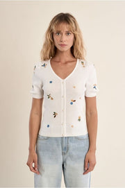 Molly Bracken Knit Top With Embroidery Flowers Off-white