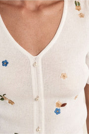 Molly Bracken Knit Top With Embroidery Flowers Off-white