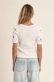 Molly Bracken Knit Top With Embroidery Flowers Off-white