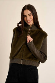 Molly Bracken Faux Fur/Ribbed Knit Zip Jacket Khaki