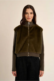 Molly Bracken Faux Fur/Ribbed Knit Zip Jacket Khaki
