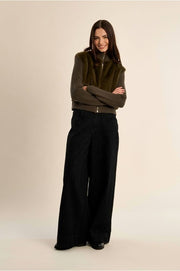 Molly Bracken Faux Fur/Ribbed Knit Zip Jacket Khaki