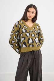 Molly Bracken Knit V-Neck Sweater Khaki Animal Print
