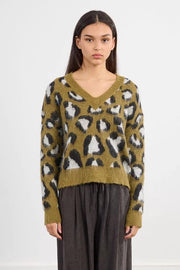 Molly Bracken Knit V-Neck Sweater Khaki Animal Print