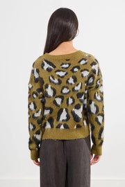 Molly Bracken Knit V-Neck Sweater Khaki Animal Print