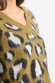 Molly Bracken Knit V-Neck Sweater Khaki Animal Print