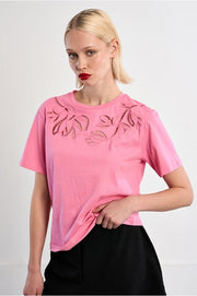 Molly Bracken Openwork Embroidered Tee Pink