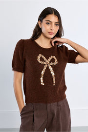 Molly Bracken Knit Sweater With Sequin Bow Chocolate