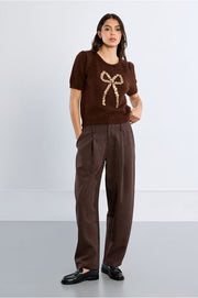 Molly Bracken Knit Sweater With Sequin Bow Chocolate