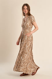 Molly Bracken Leaf Print Dress Camel