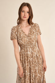 Molly Bracken Leaf Print Dress Camel