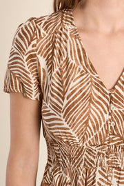 Molly Bracken Leaf Print Dress Camel