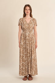 Molly Bracken Leaf Print Dress Camel