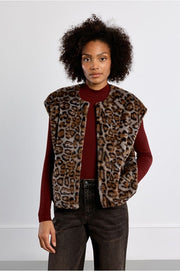 Molly Bracken Faux Fur Gilet Jacket Grey Leo Print