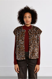 Molly Bracken Faux Fur Gilet Jacket Grey Leo Print