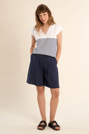 Molly Bracken Striped V-neck Tee Off-white/Navy