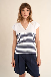 Molly Bracken Striped V-neck Tee Off-white/Navy