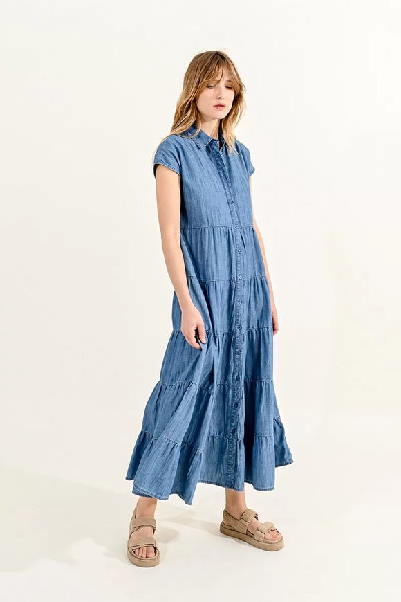 Molly Bracken Denim Blue Tiered Long Dress