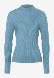 More & More Ribbed Knit High Neck Top Grey Blue