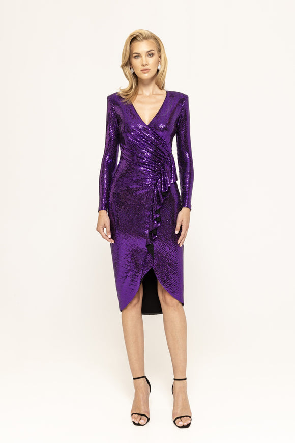 Nissa Purple Sequin Ruffle Detail Midi Dress