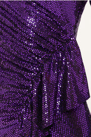 Nissa Purple Sequin Ruffle Detail Midi Dress