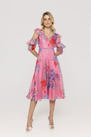 Nissa Pink Ruffled Organza Midi Dress Floral Print