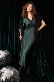 Oui Satin Dress With Lace Detail Dark Green