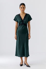 Oui Satin Dress With Lace Detail Dark Green