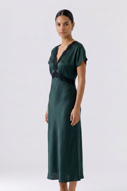 Oui Satin Dress With Lace Detail Dark Green