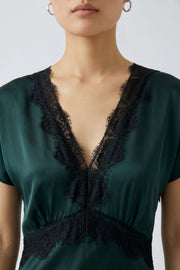 Oui Satin Dress With Lace Detail Dark Green