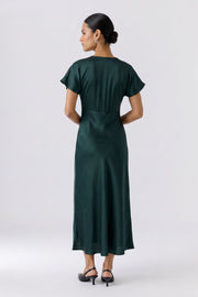 Oui Satin Dress With Lace Detail Dark Green