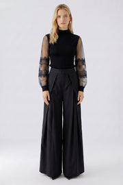 Oui Knit Top With Tulle & Lace Detail Black