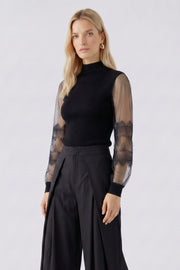 Oui Knit Top With Tulle & Lace Detail Black