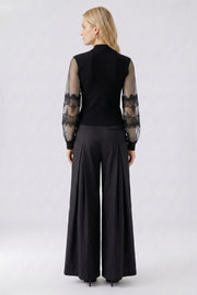 Oui Knit Top With Tulle & Lace Detail Black