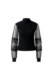 Oui Knit Top With Tulle & Lace Detail Black