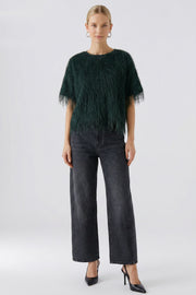 Oui Fringed Detail Top Dark Teal