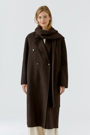 Oui Long Wool Blend Coat With Scarf Chocolate