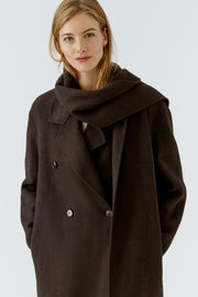 Oui Long Wool Blend Coat With Scarf Chocolate