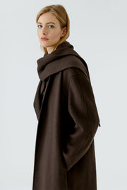 Oui Long Wool Blend Coat With Scarf Chocolate