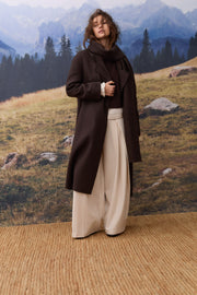 Oui Long Wool Blend Coat With Scarf Chocolate
