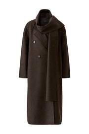 Oui Long Wool Blend Coat With Scarf Chocolate