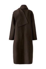 Oui Long Wool Blend Coat With Scarf Chocolate