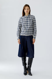 Oui Check Blouse With Lace Ecru/Blue
