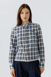 Oui Check Blouse With Lace Ecru/Blue