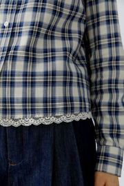 Oui Check Blouse With Lace Ecru/Blue