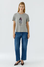 Oui T-Shirt With Girl Motif Grey