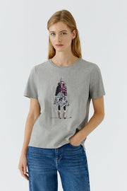 Oui T-Shirt With Girl Motif Grey